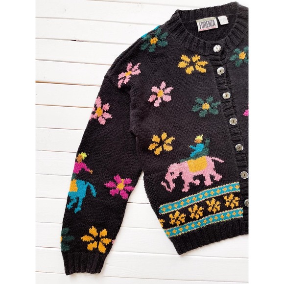 black embroidered sweater 80s 90s vintage Forenza elephant horse floral cardigan - Picture 4 of 6